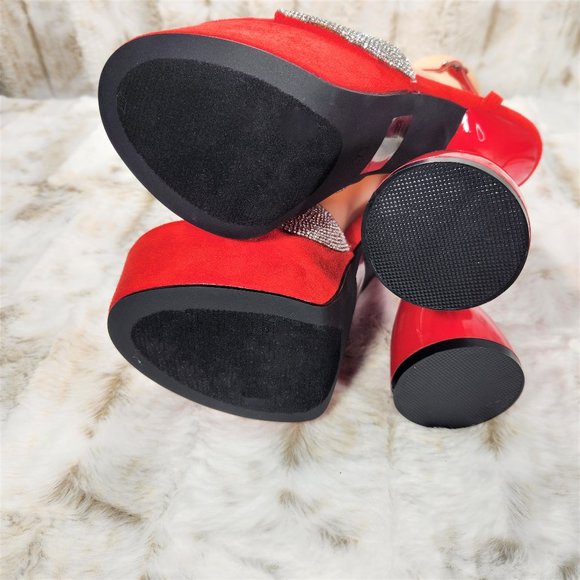 ☆ Cape Robbin Red Super High Heeled Chunky Ankle Strap Rhinestone Sandals